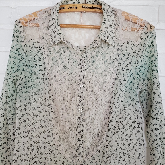 Free People All That Glitters Top Sheer Button Down Lace Back Long Sleeve Sz S - Picture 2 of 8